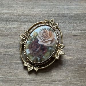 Vintage Floral Cameo Brooch (Gold-Tone, Rose Motif)